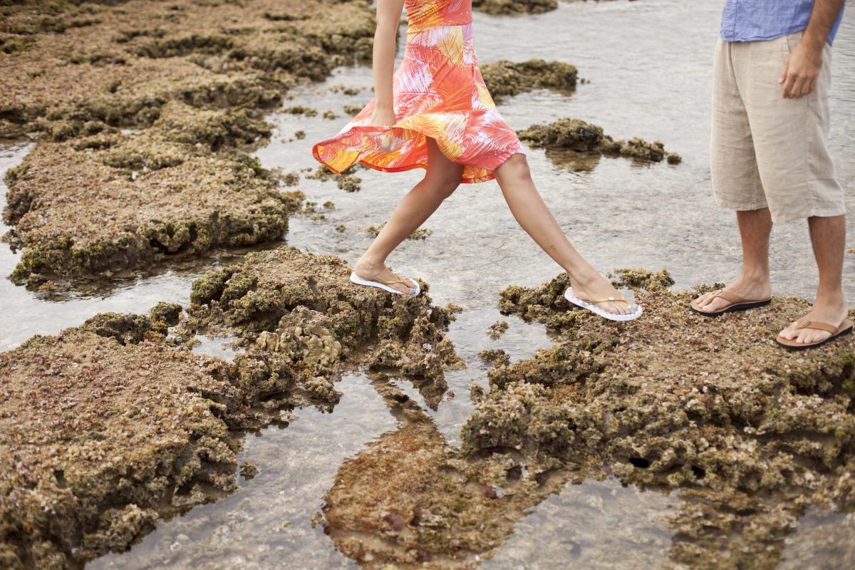 A couple strolling through tidepools on Oahu, Hawaii