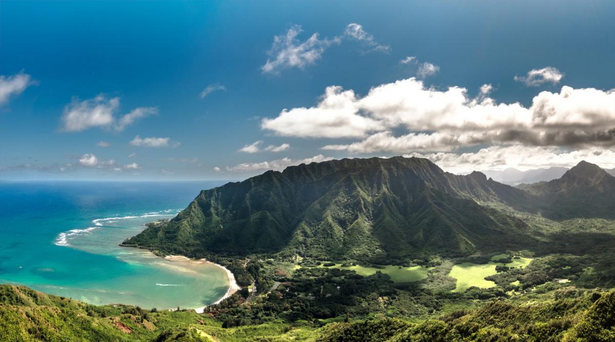 An aerial view of Kahana Valley on Oahu, Hawaii