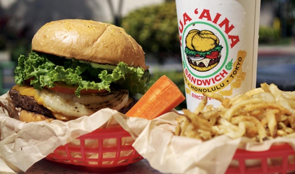 A large burger, fries, and drink from Kua'aina Sandwich Shop