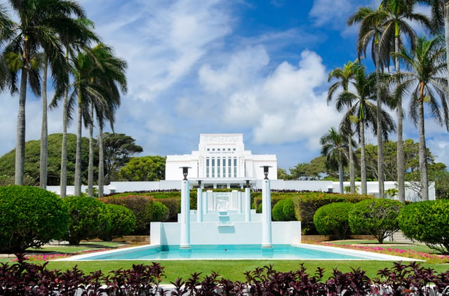 A white temple on a hill surrounded by palm trees