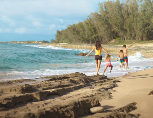 Family of four walking on beach