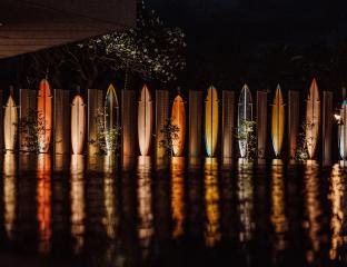 Lobby surfboards at night