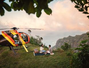 couple to the right of a helicopter having a picnic on a mountain