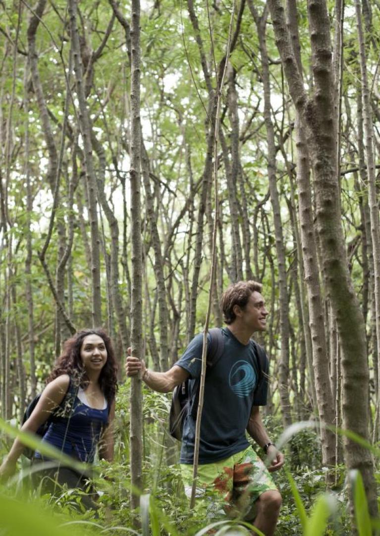 A man and woman hiking through a forest