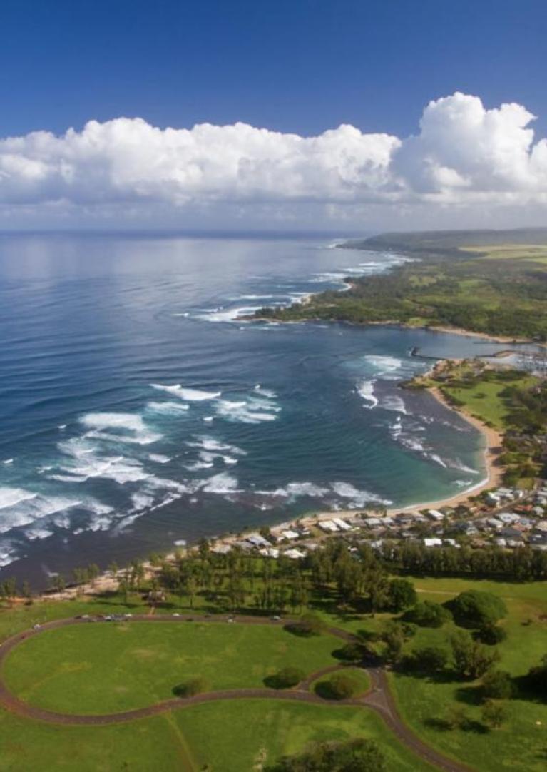 An aerial view of Haleiwa Town, Oahu