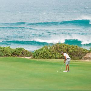 Two Golfers on a lush green course overlooking the ocean